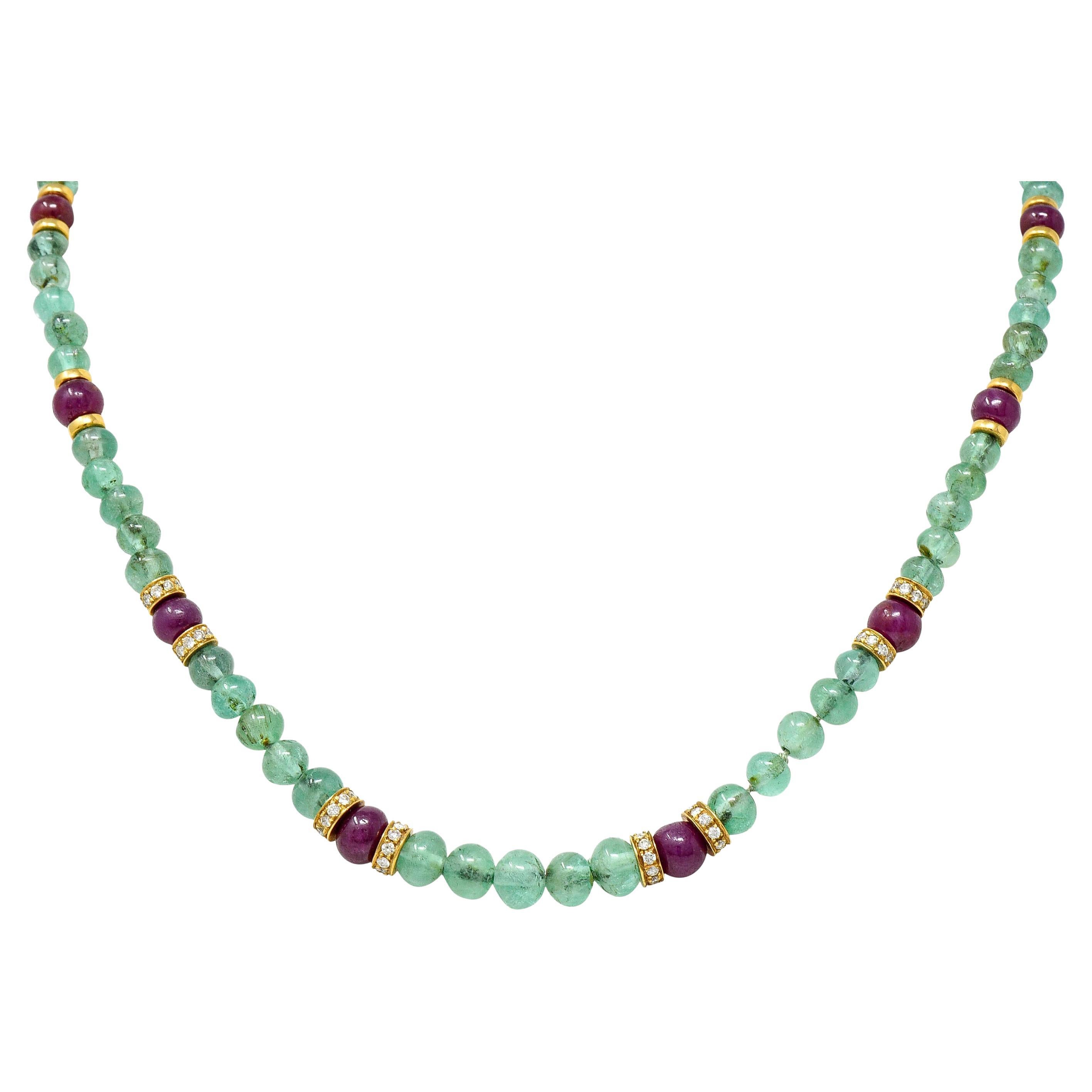 Vintage Diamond Ruby Emerald 18 Karat Gold Strand Necklace