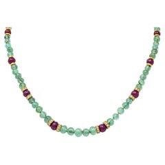 Vintage Diamond Ruby Emerald 18 Karat Gold Strand Necklace