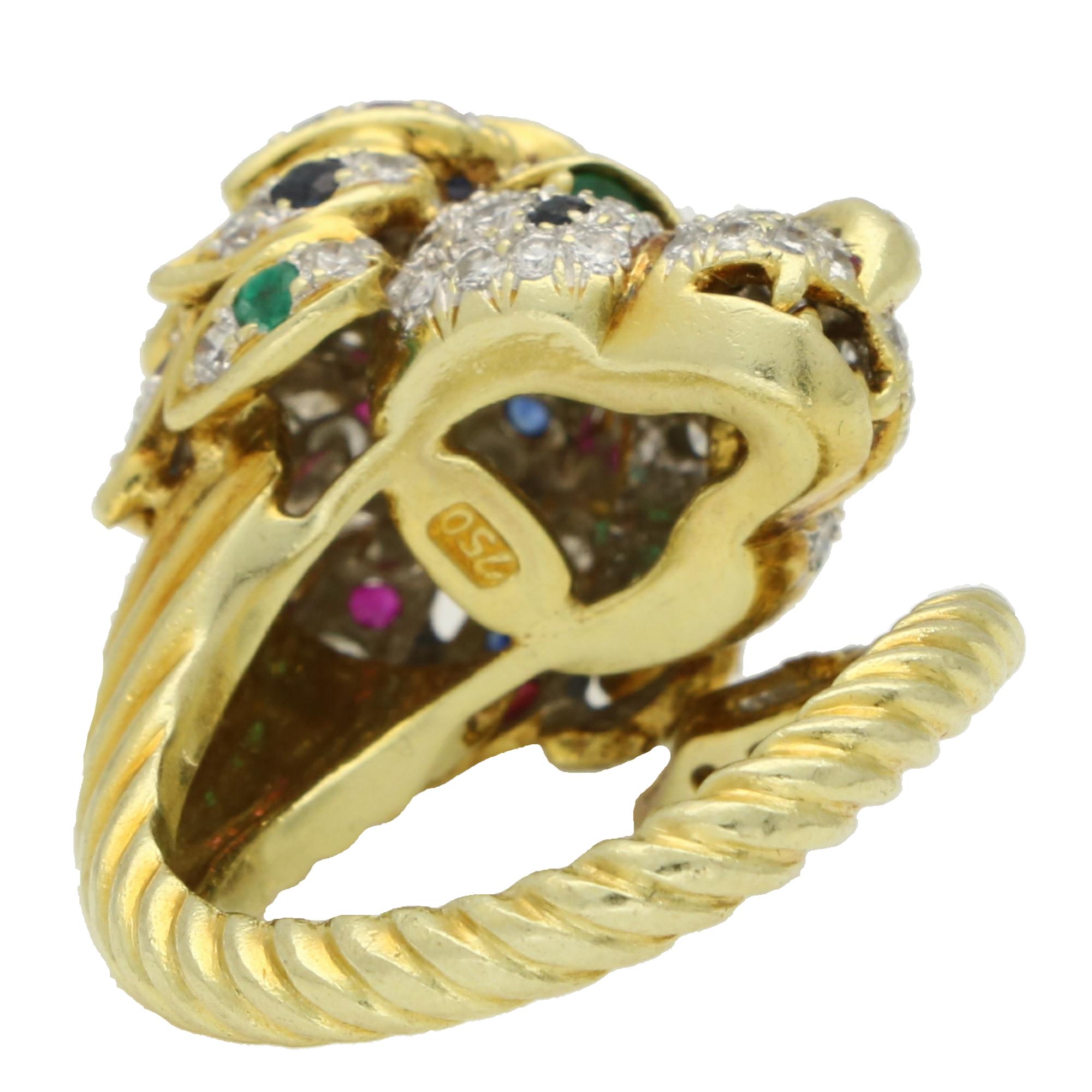 Vintage Diamond, Ruby, Emerald and Blue Sapphire Lion Ring For Sale 5