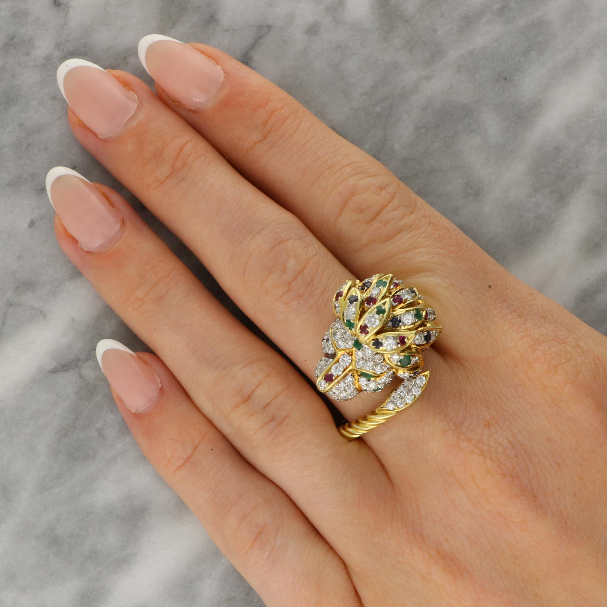 Vintage Diamond, Ruby, Emerald and Blue Sapphire Lion Ring For Sale 6