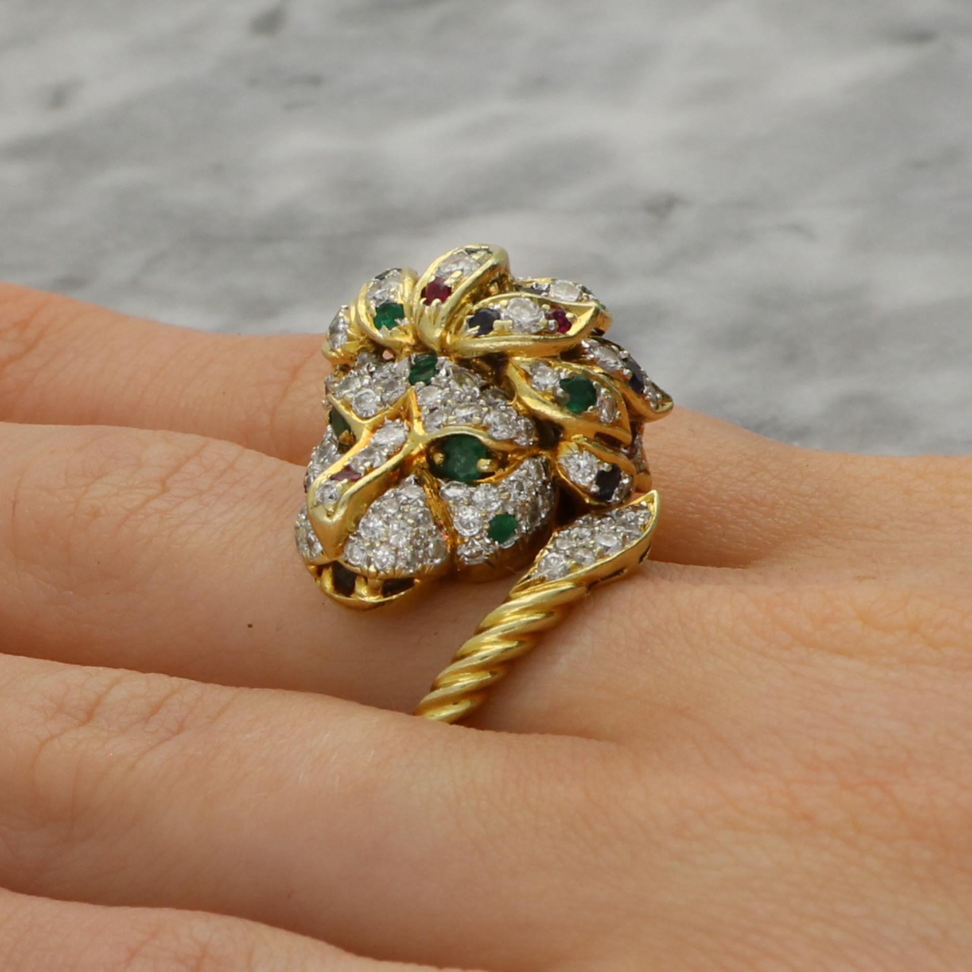 Vintage Diamond, Ruby, Emerald and Blue Sapphire Lion Ring For Sale 7
