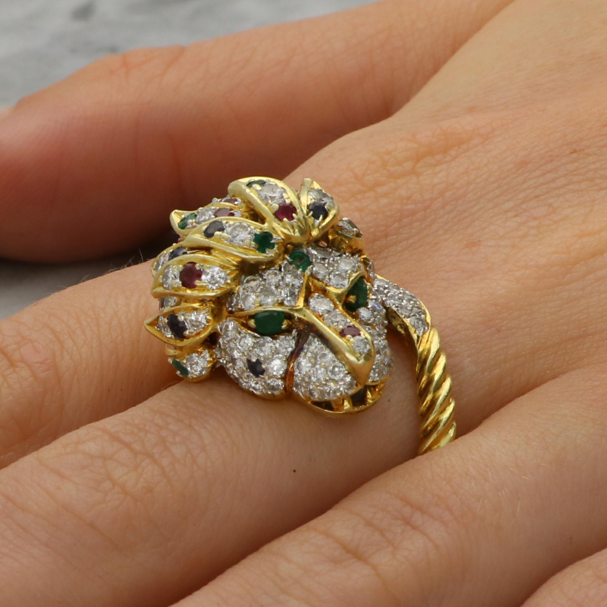 Vintage Diamond, Ruby, Emerald and Blue Sapphire Lion Ring For Sale 8