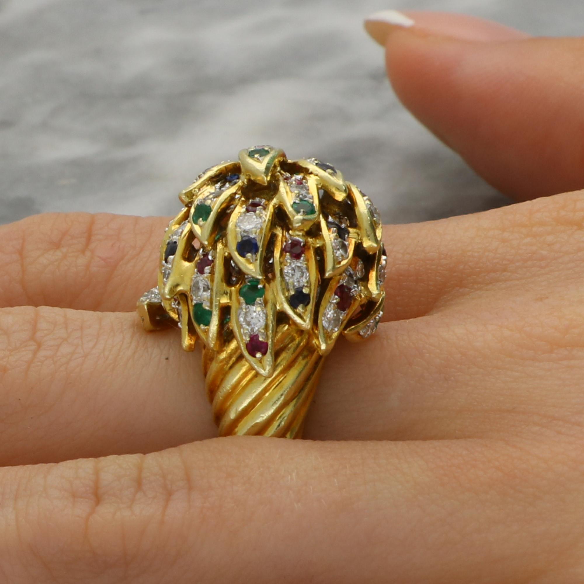 Vintage Diamond, Ruby, Emerald and Blue Sapphire Lion Ring For Sale 9