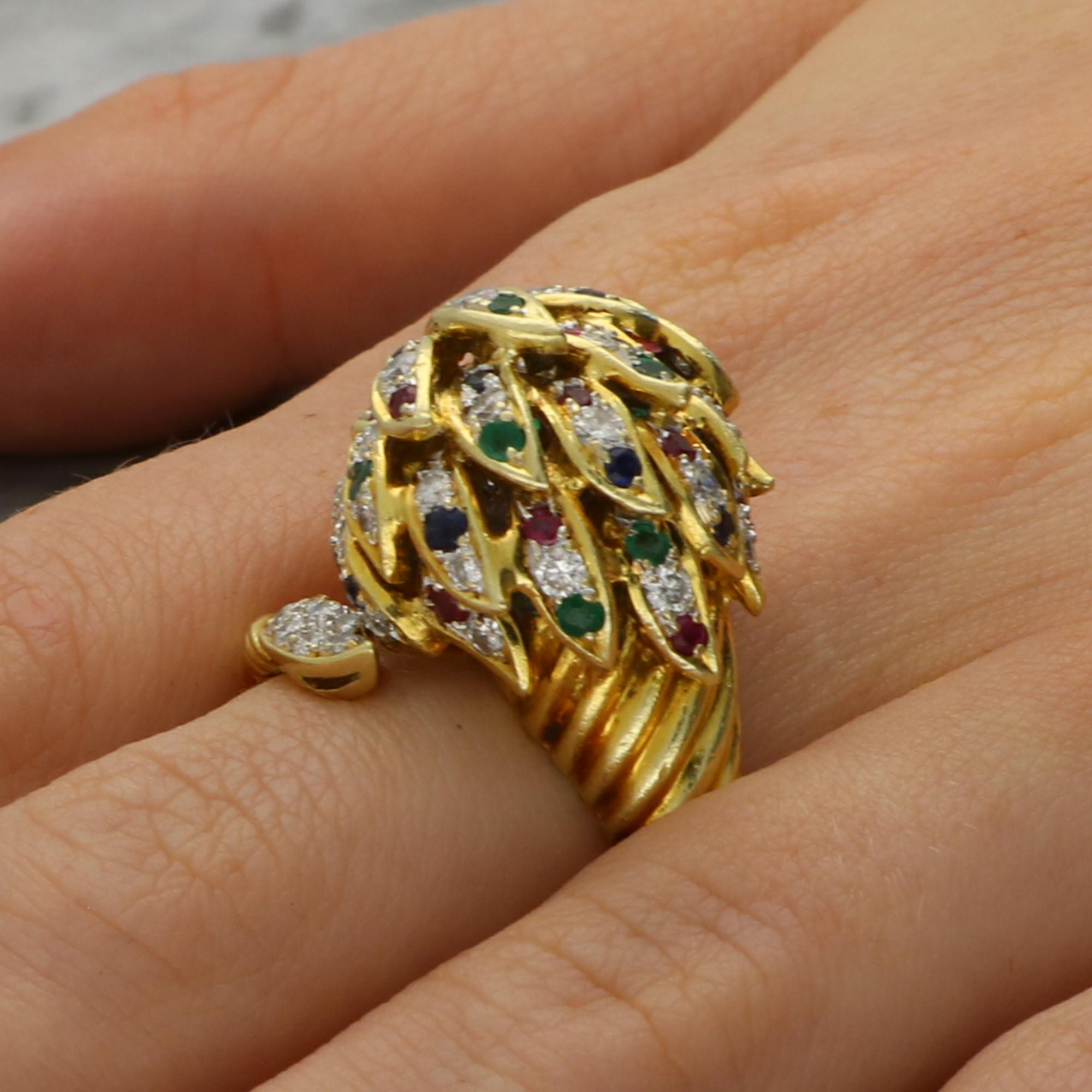 Vintage Diamond, Ruby, Emerald and Blue Sapphire Lion Ring For Sale 10