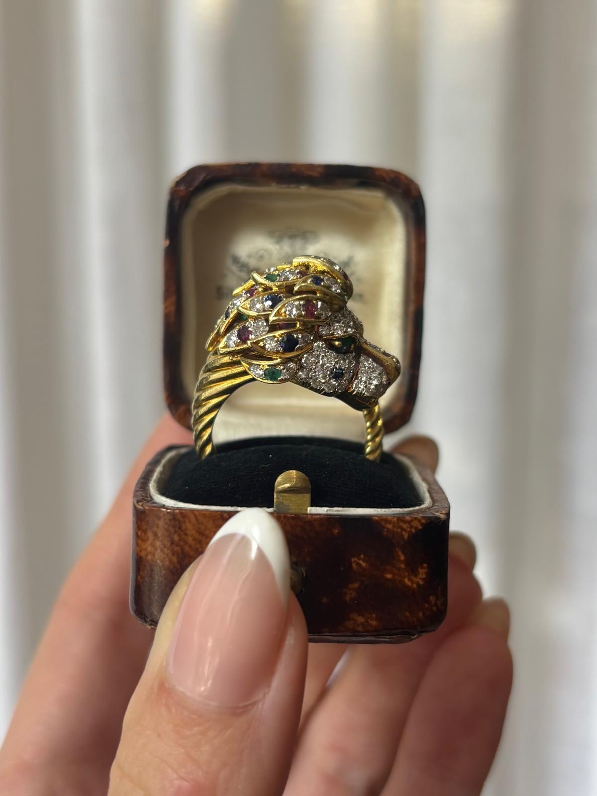Women's or Men's Vintage Diamond, Ruby, Emerald and Blue Sapphire Lion Ring For Sale