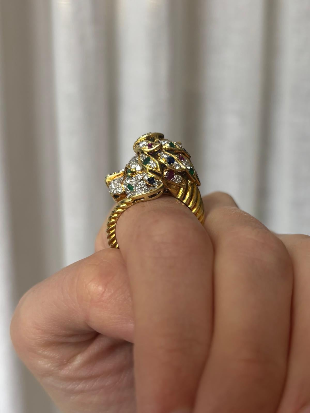 Vintage Diamond, Ruby, Emerald and Blue Sapphire Lion Ring For Sale 1