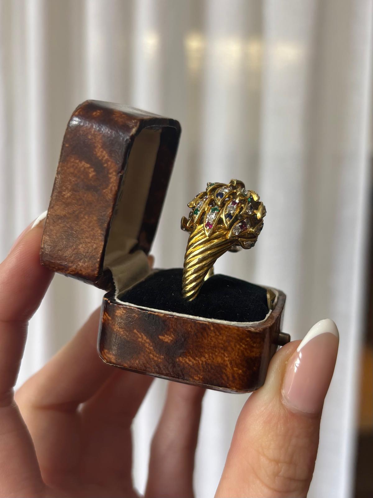 Vintage Diamond, Ruby, Emerald and Blue Sapphire Lion Ring For Sale 2