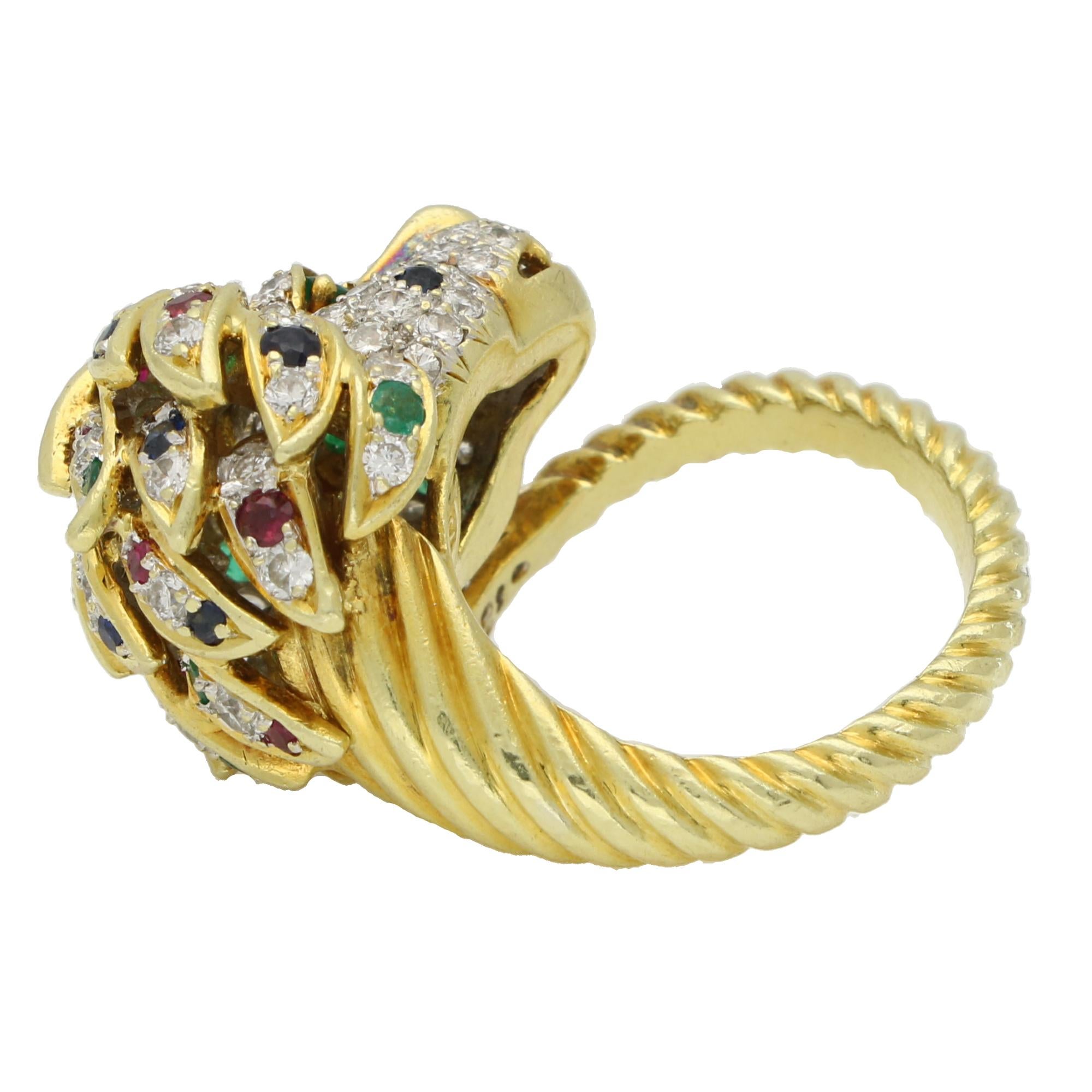 Vintage Diamond, Ruby, Emerald and Blue Sapphire Lion Ring For Sale 3