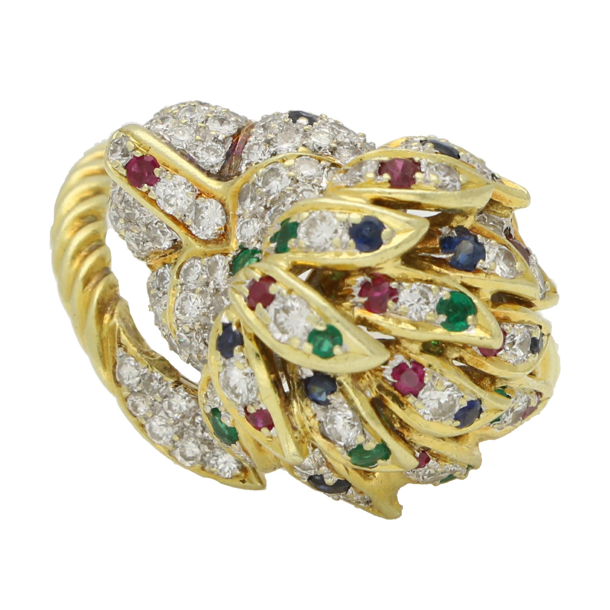 Vintage Diamond, Ruby, Emerald and Blue Sapphire Lion Ring For Sale 4