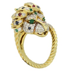 Vintage Diamond, Ruby, Emerald and Blue Sapphire Lion Ring