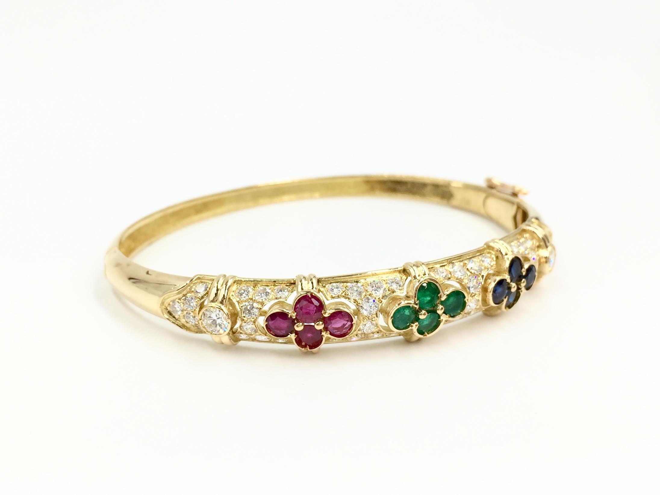 Women's Vintage Diamond, Ruby, Emerald and Sapphire 18 Karat Bangle Bracelet