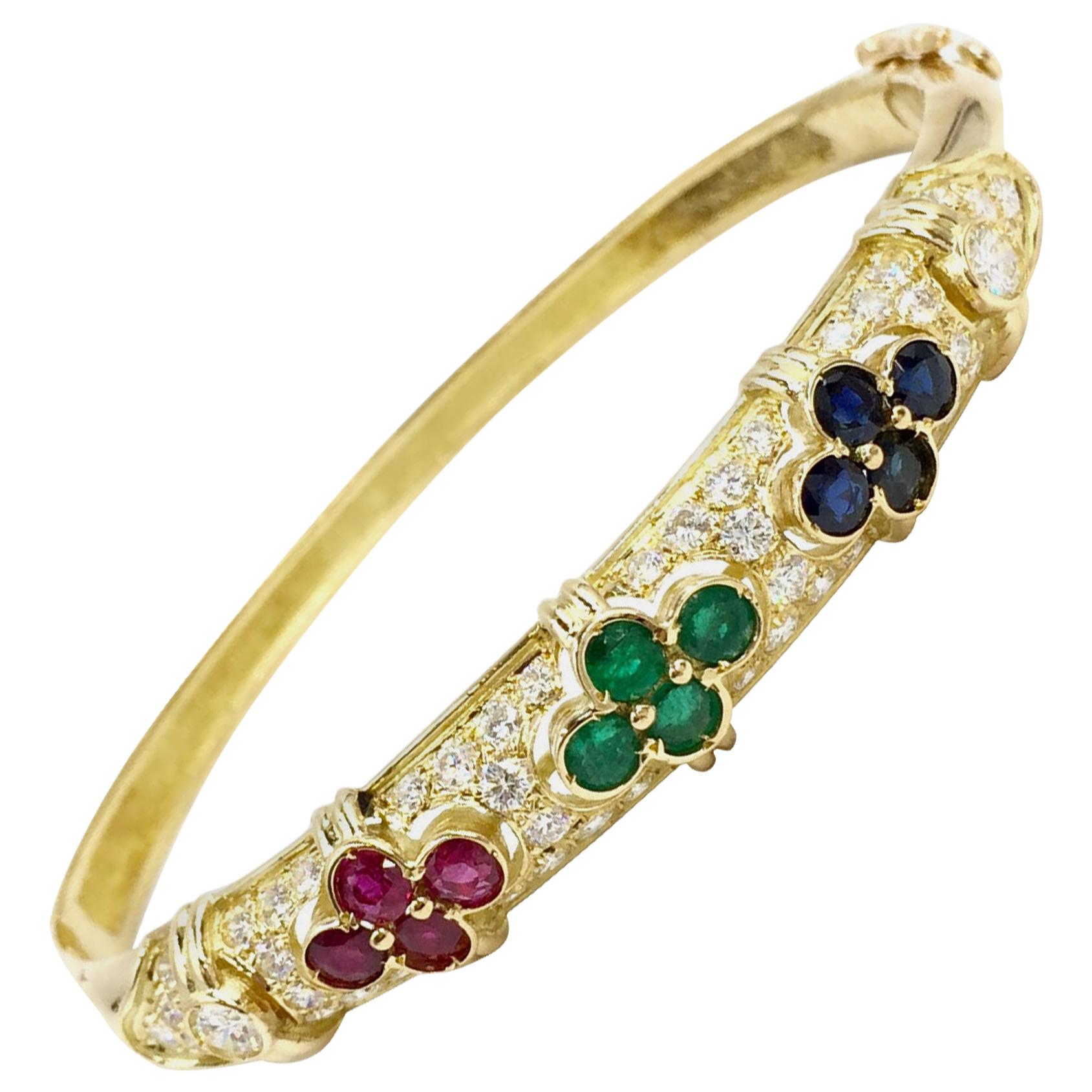 Vintage Diamond, Ruby, Emerald and Sapphire 18 Karat Bangle Bracelet