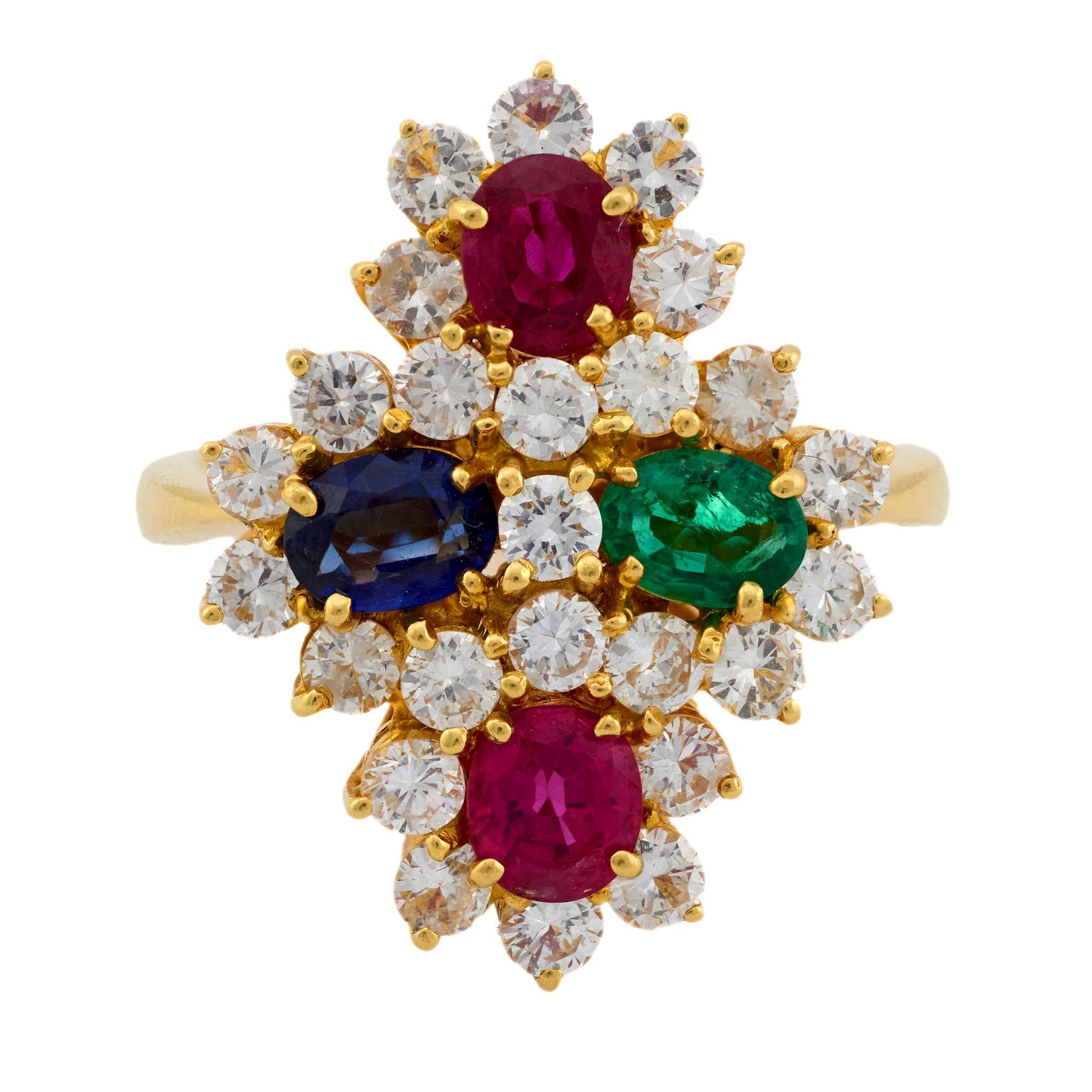 Bague vintage en or jaune 18k avec diamant, rubis, émeraude et saphir Bon état - En vente à Beverly Hills, CA