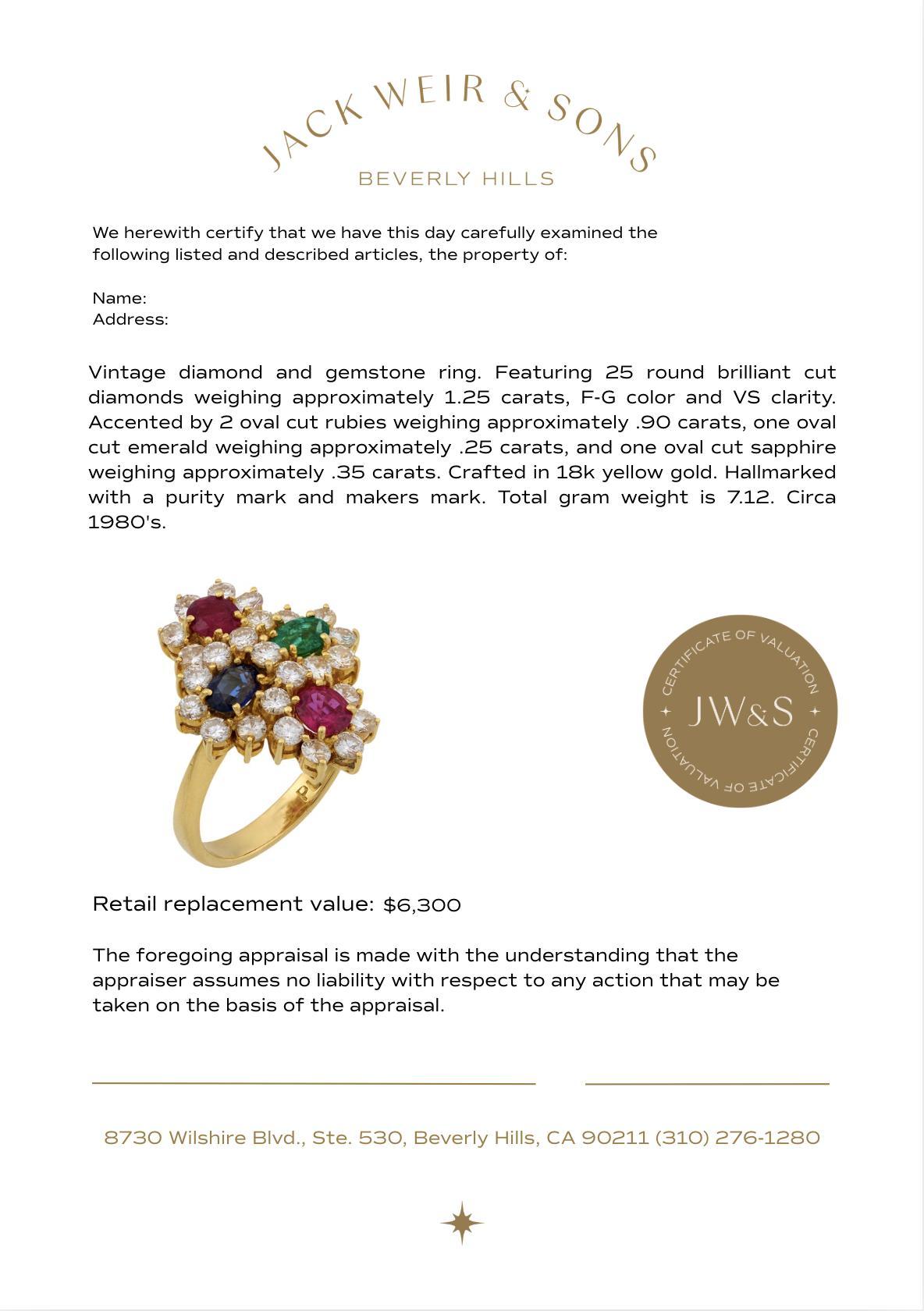 Bague vintage en or jaune 18k avec diamant, rubis, émeraude et saphir Pour femmes en vente
