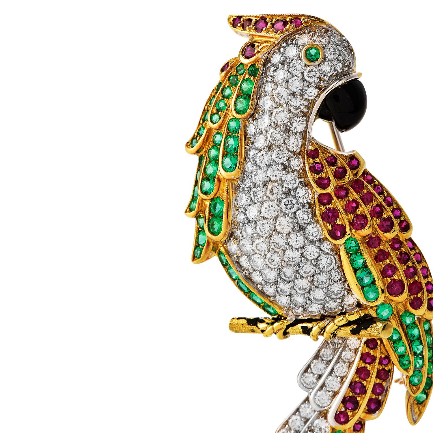 Vintage Diamond Ruby Emerald Onyx18K Gold Parrot Pin Brooch

See life in Vivid colors with these exquisite Diamond, Ruby, Emerald, and  Onyx18K Gold Elegant Parrot Pin Brooch

with a total approximate weight of 23.7 grams.

Expertly Crafted in Solid