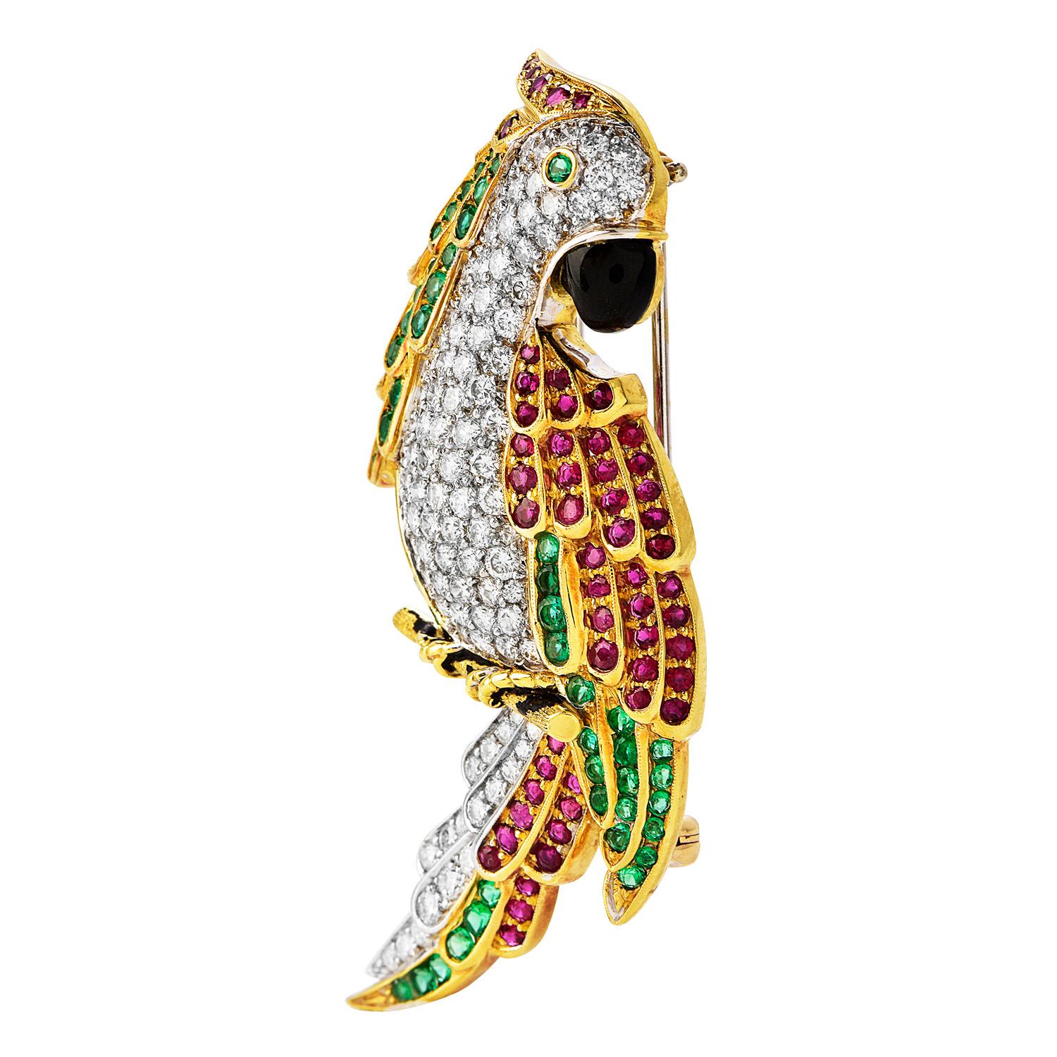 Retro Vintage Diamond Ruby Emerald Onyx 18K Gold Parrot Pin Brooch For Sale