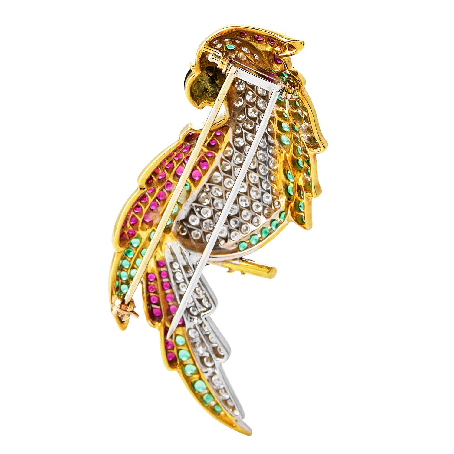 Round Cut Vintage Diamond Ruby Emerald Onyx 18K Gold Parrot Pin Brooch For Sale