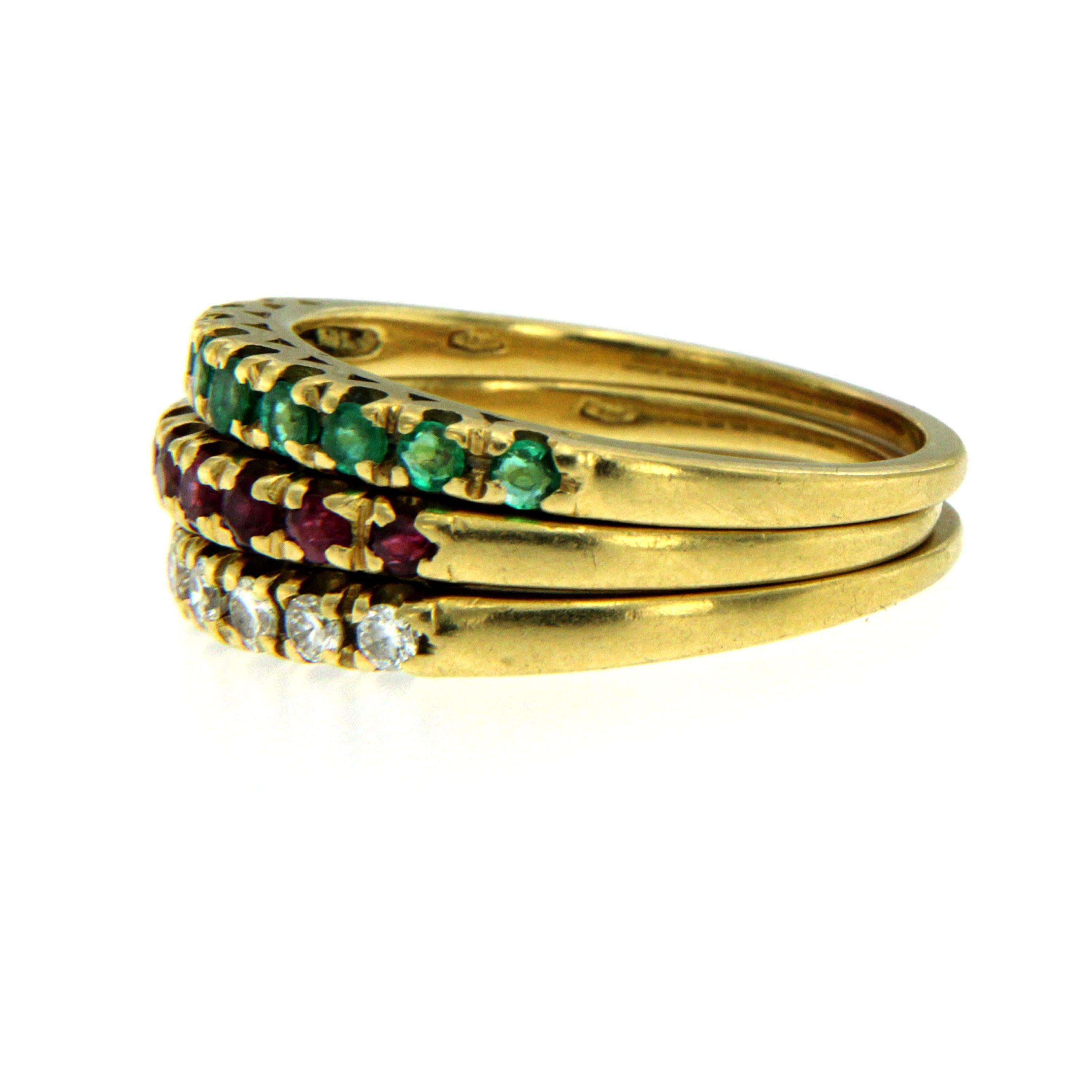 Vintage Diamond Ruby Emerald Stackable Yellow Gold Rings In Excellent Condition In Napoli, Italy