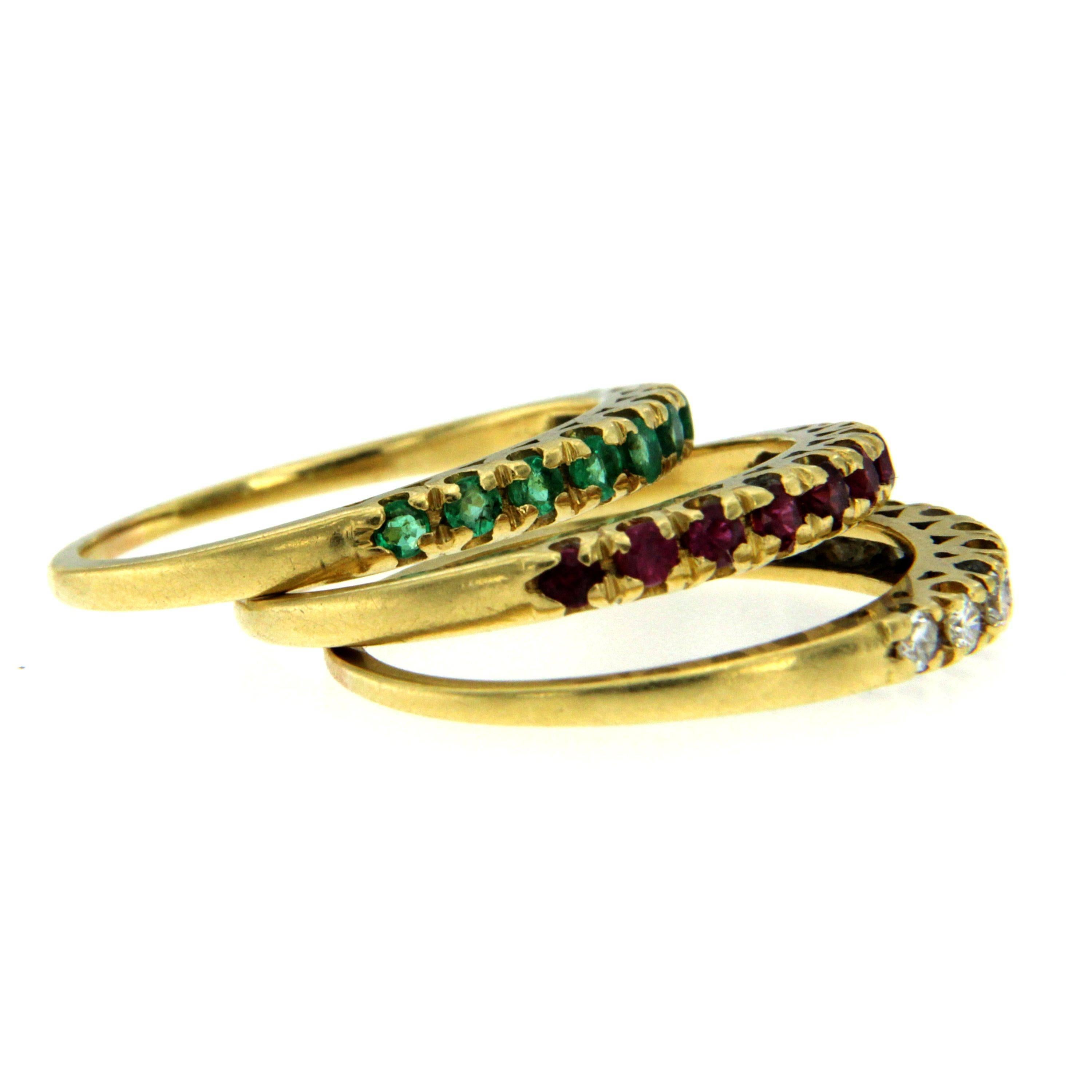 Women's Vintage Diamond Ruby Emerald Stackable Yellow Gold Rings