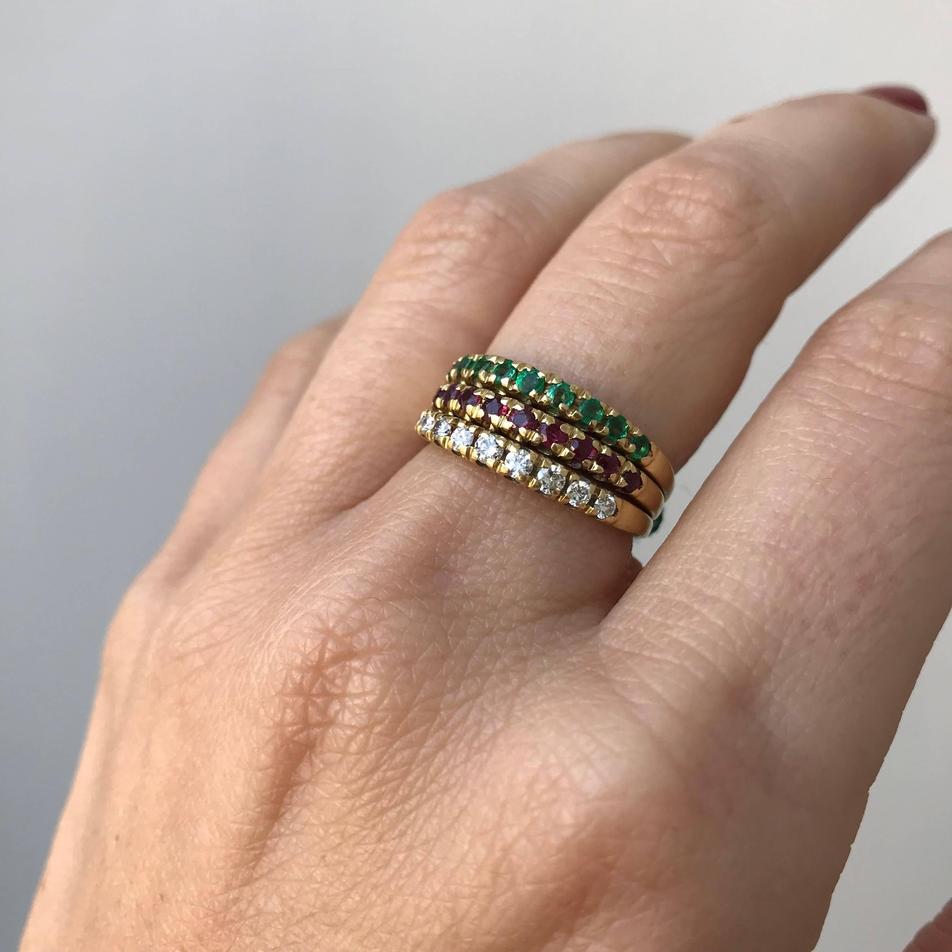 Vintage Diamond Ruby Emerald Stackable Yellow Gold Rings 2