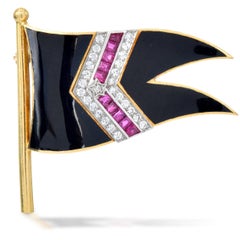 Vintage Diamond Ruby Enamel 18K Gold Flag Brooch