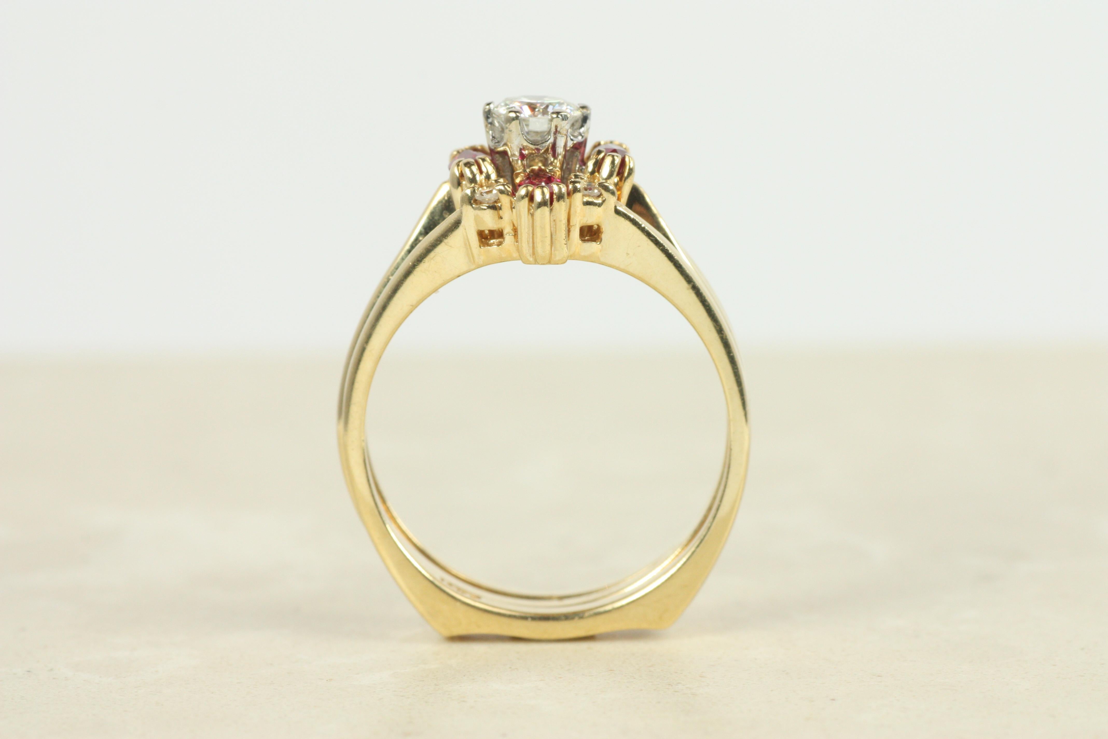 Vintage Diamant-Rubin-Verlobungsring und Hochzeitsring-Jacke Set 14K Gelbgold 5