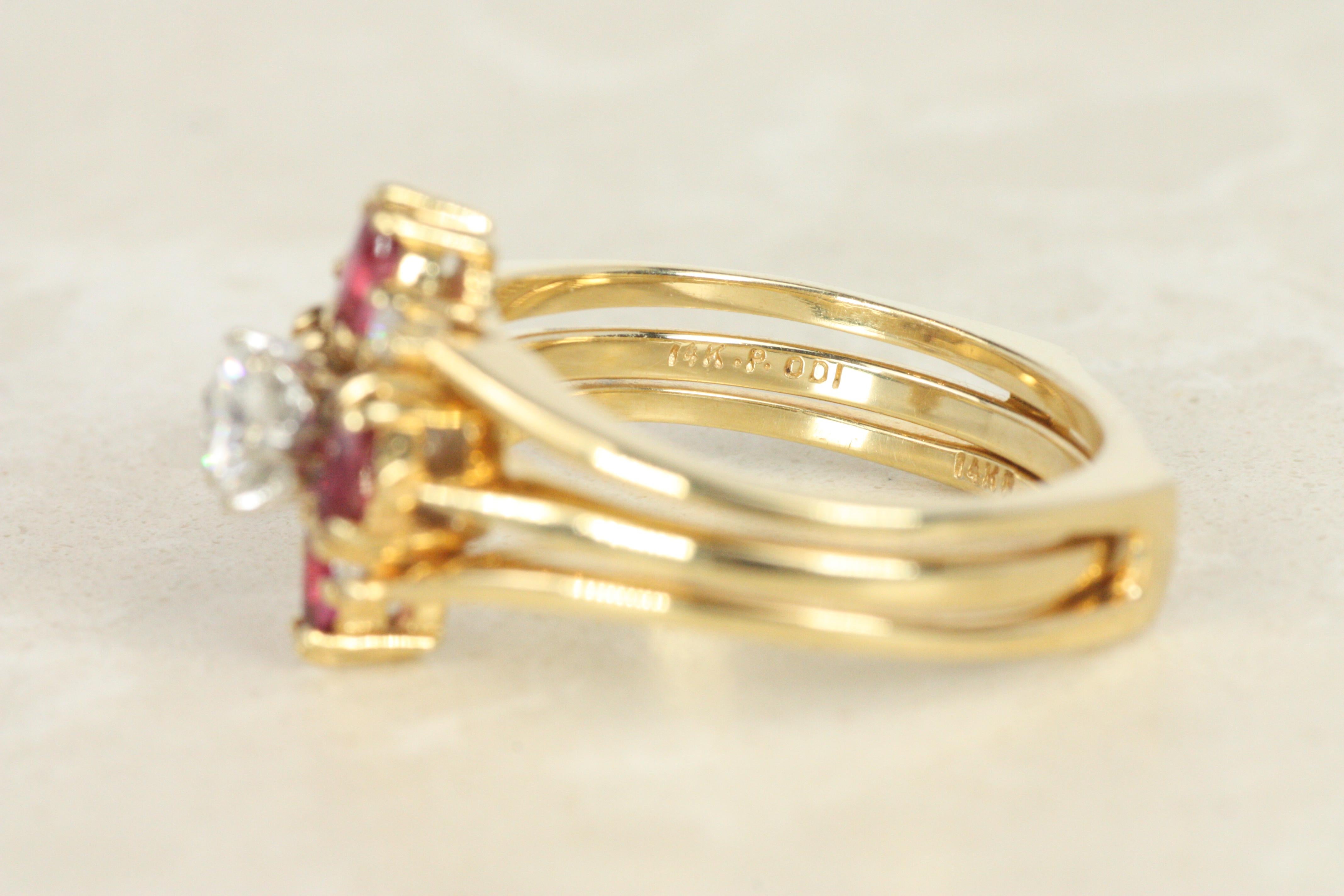 Vintage Diamant-Rubin-Verlobungsring und Hochzeitsring-Jacke Set 14K Gelbgold 6