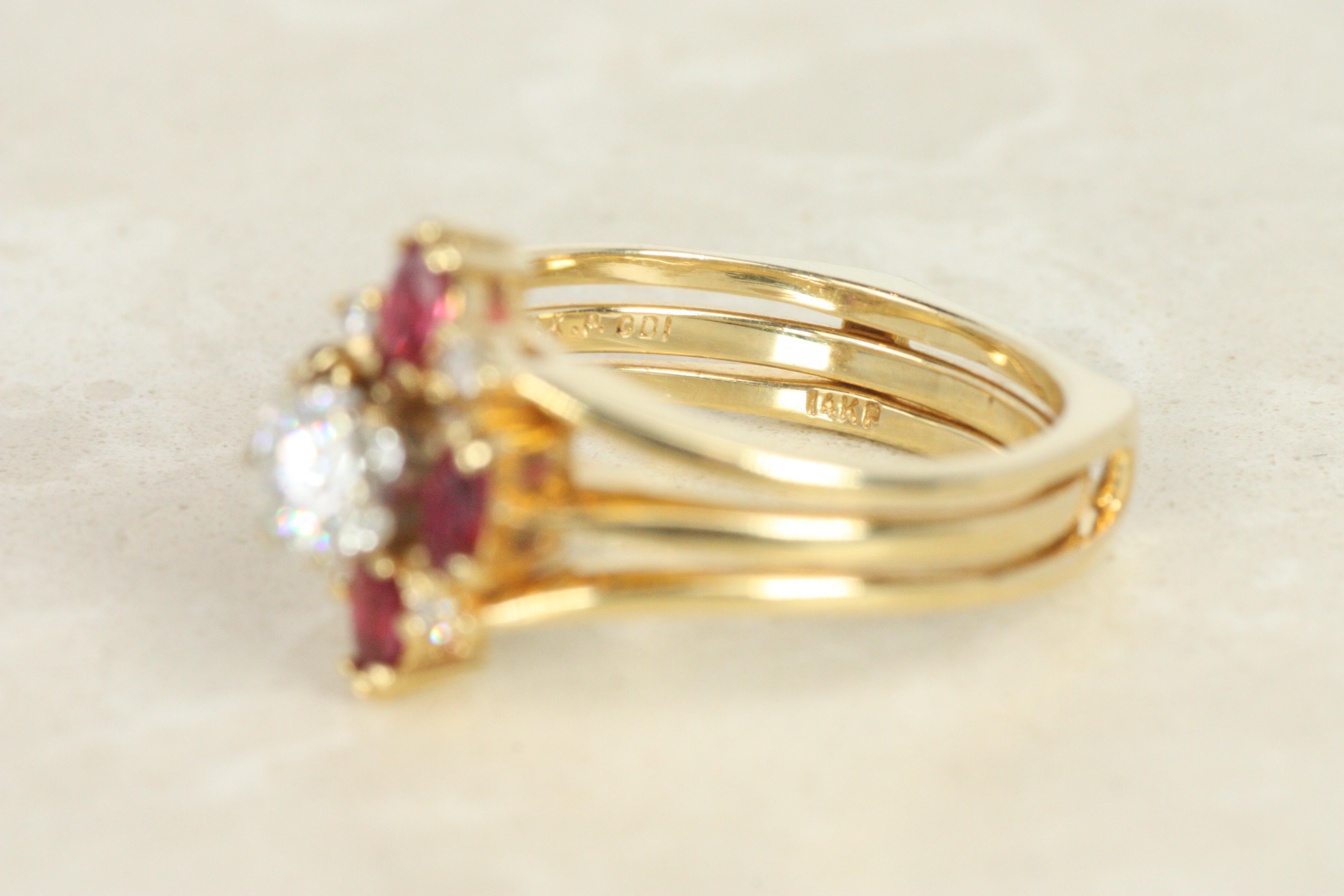 Vintage Diamant-Rubin-Verlobungsring und Hochzeitsring-Jacke Set 14K Gelbgold 7