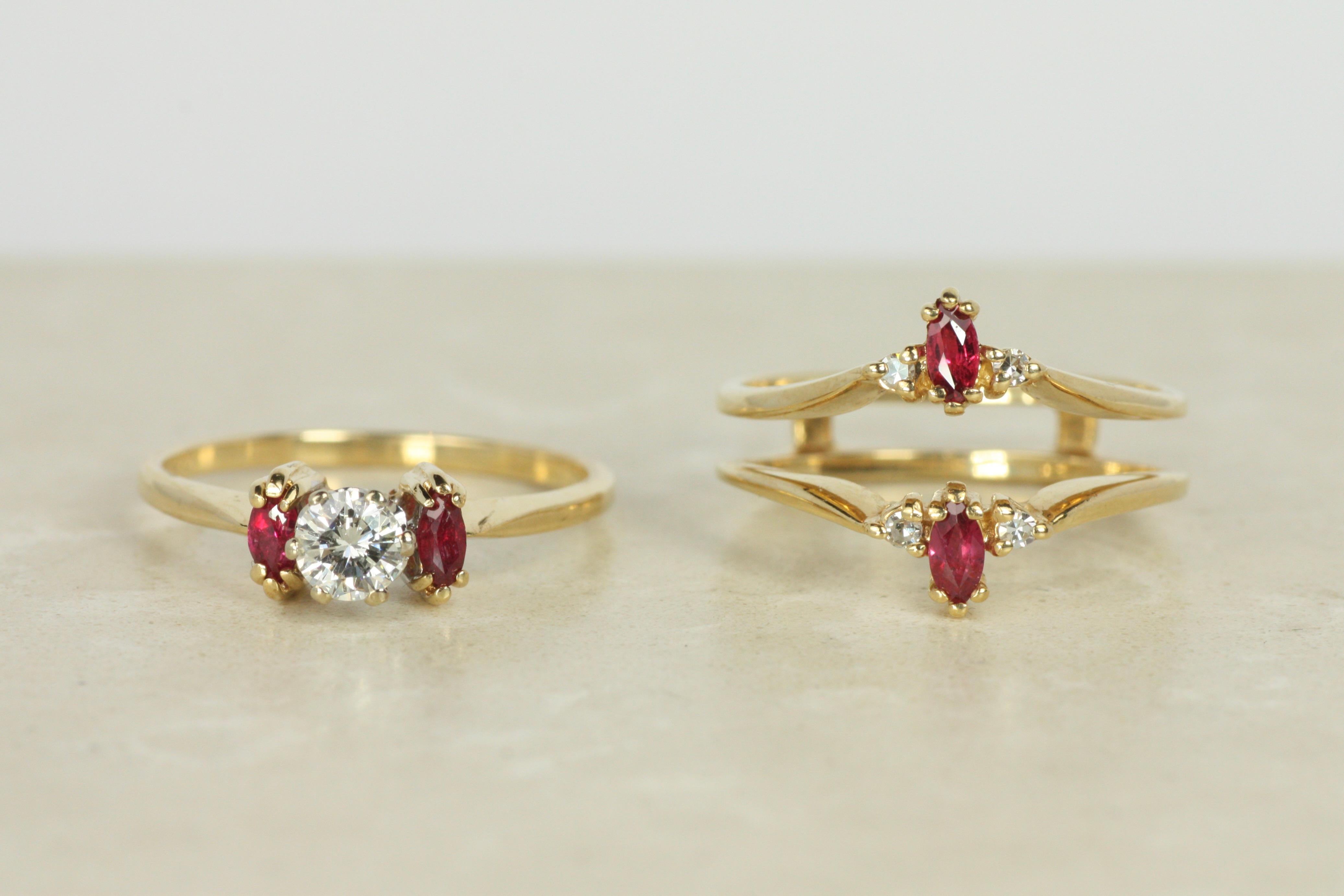 Vintage Diamant-Rubin-Verlobungsring und Hochzeitsring-Jacke Set 14K Gelbgold im Zustand „Gut“ in Santa Monica, CA