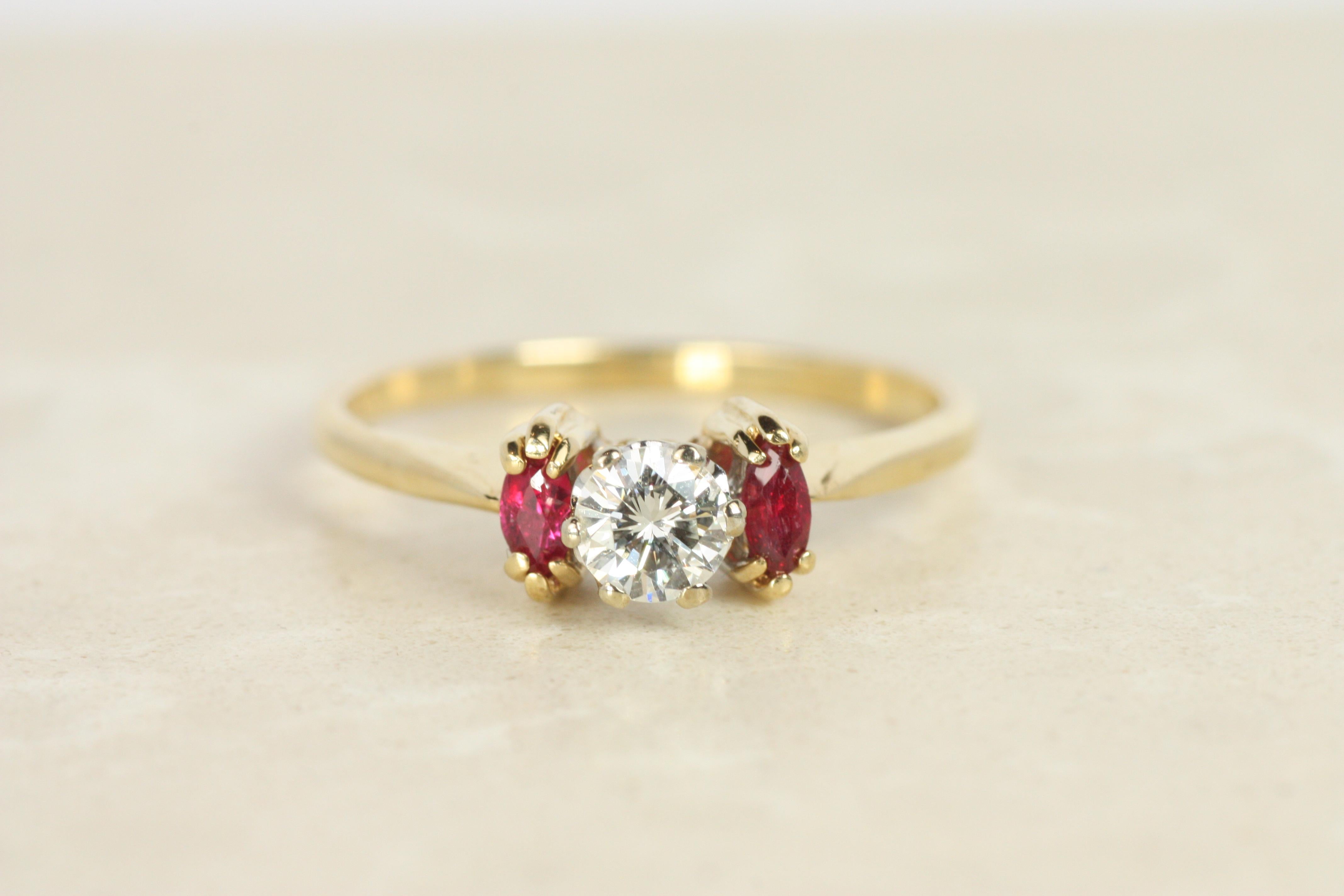 Vintage Diamant-Rubin-Verlobungsring und Hochzeitsring-Jacke Set 14K Gelbgold Damen
