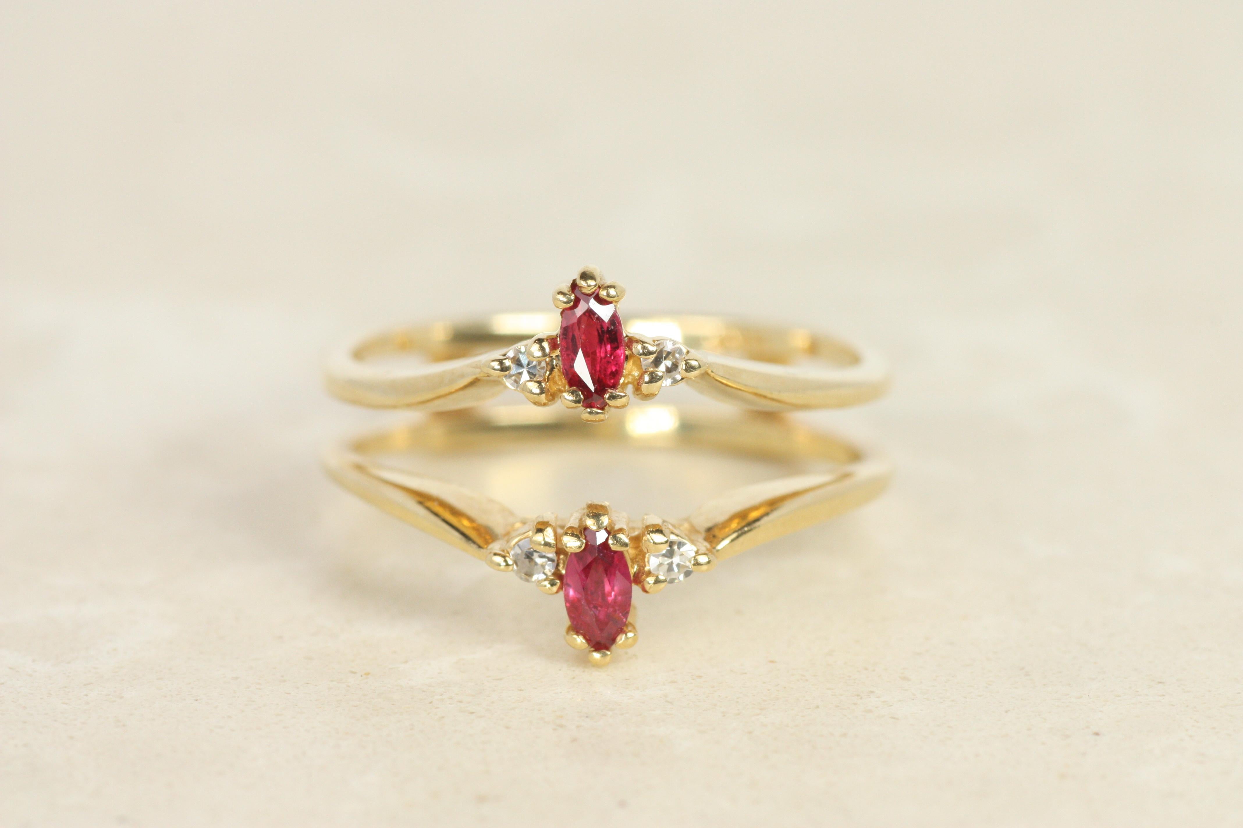 Vintage Diamant-Rubin-Verlobungsring und Hochzeitsring-Jacke Set 14K Gelbgold 1