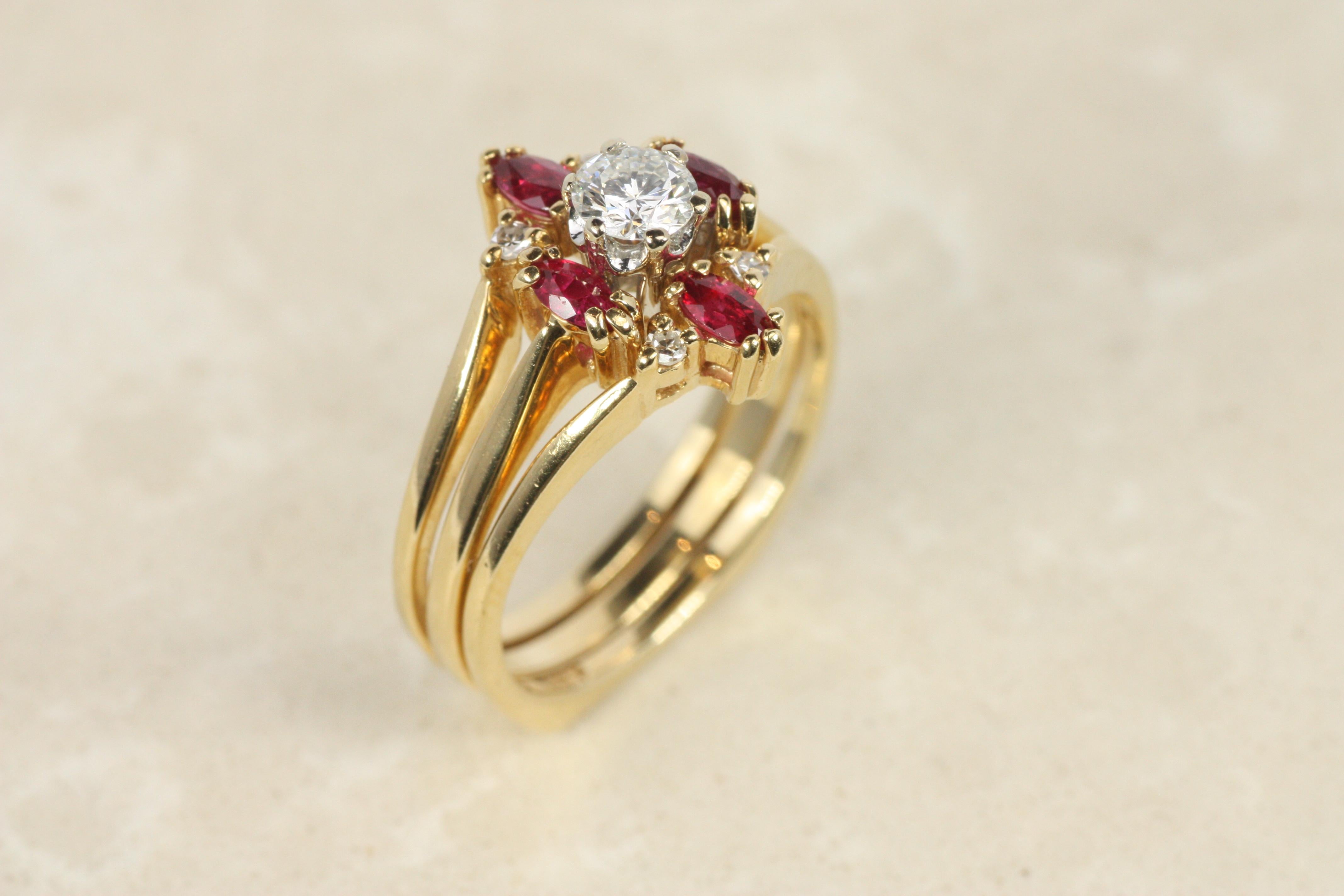 Vintage Diamant-Rubin-Verlobungsring und Hochzeitsring-Jacke Set 14K Gelbgold 4