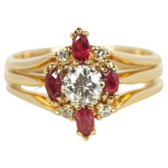 Vintage Diamond Ruby Engagement Rind and Wedding Band Jacket Set 14K Yellow Gold
