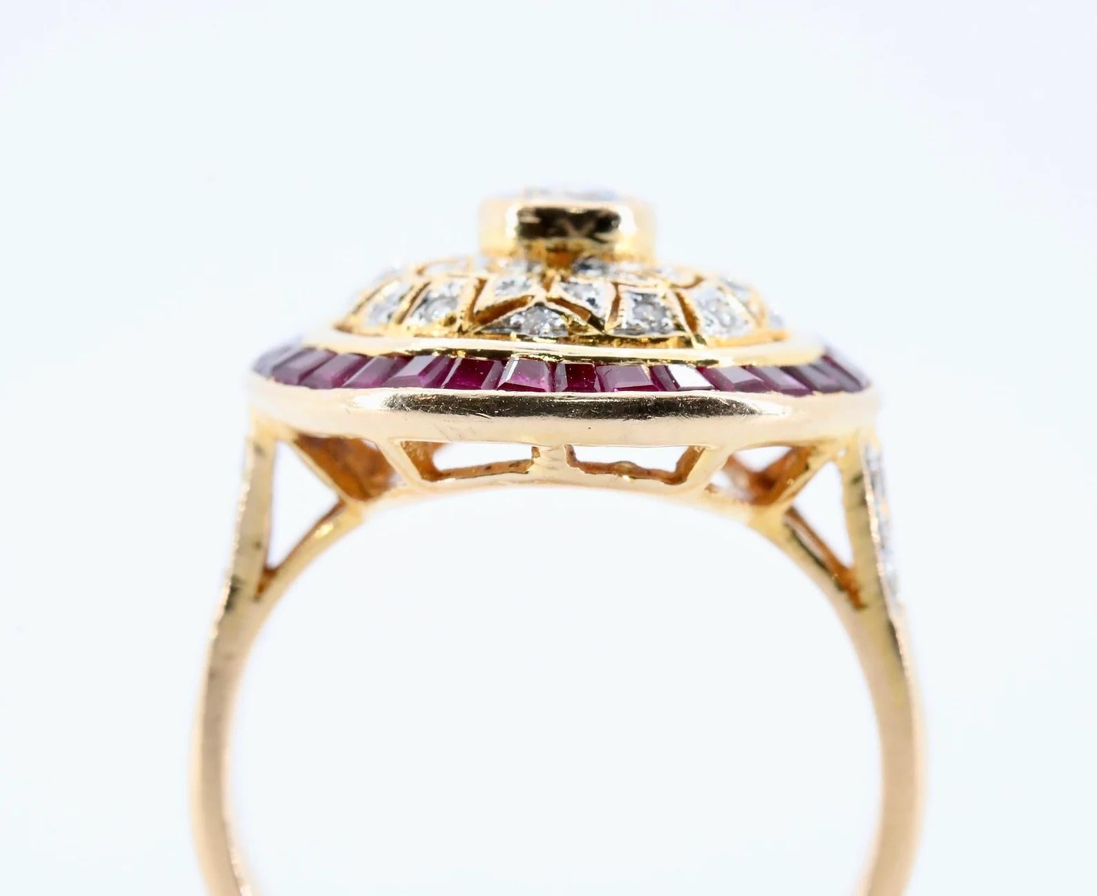 Brilliant Cut Vintage Diamond & Ruby Filigree Dome Ring in 18K Yellow Gold For Sale