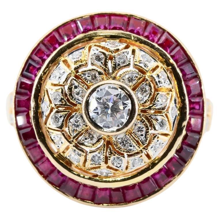 Vintage Diamond & Ruby Filigree Dome Ring in 18K Yellow Gold For Sale