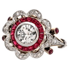 Retro Diamond Ruby Flower Floral Engagement Ring