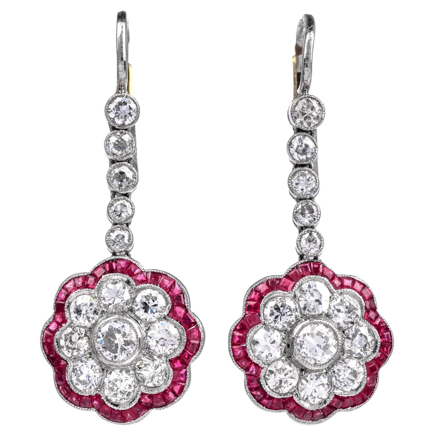 Vintage Diamond Ruby Gold Platinum Floral Dangling Earring