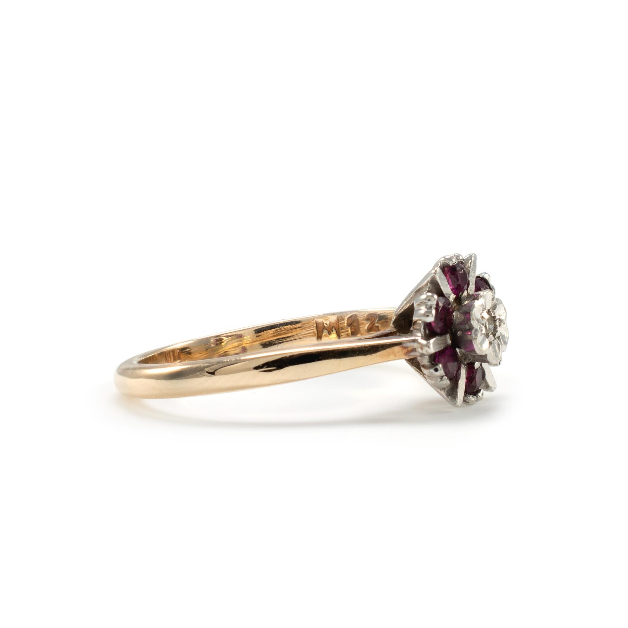 Women's or Men's Vintage Diamond Ruby Halo Platinum Setting Gold Ring, circa 1950s