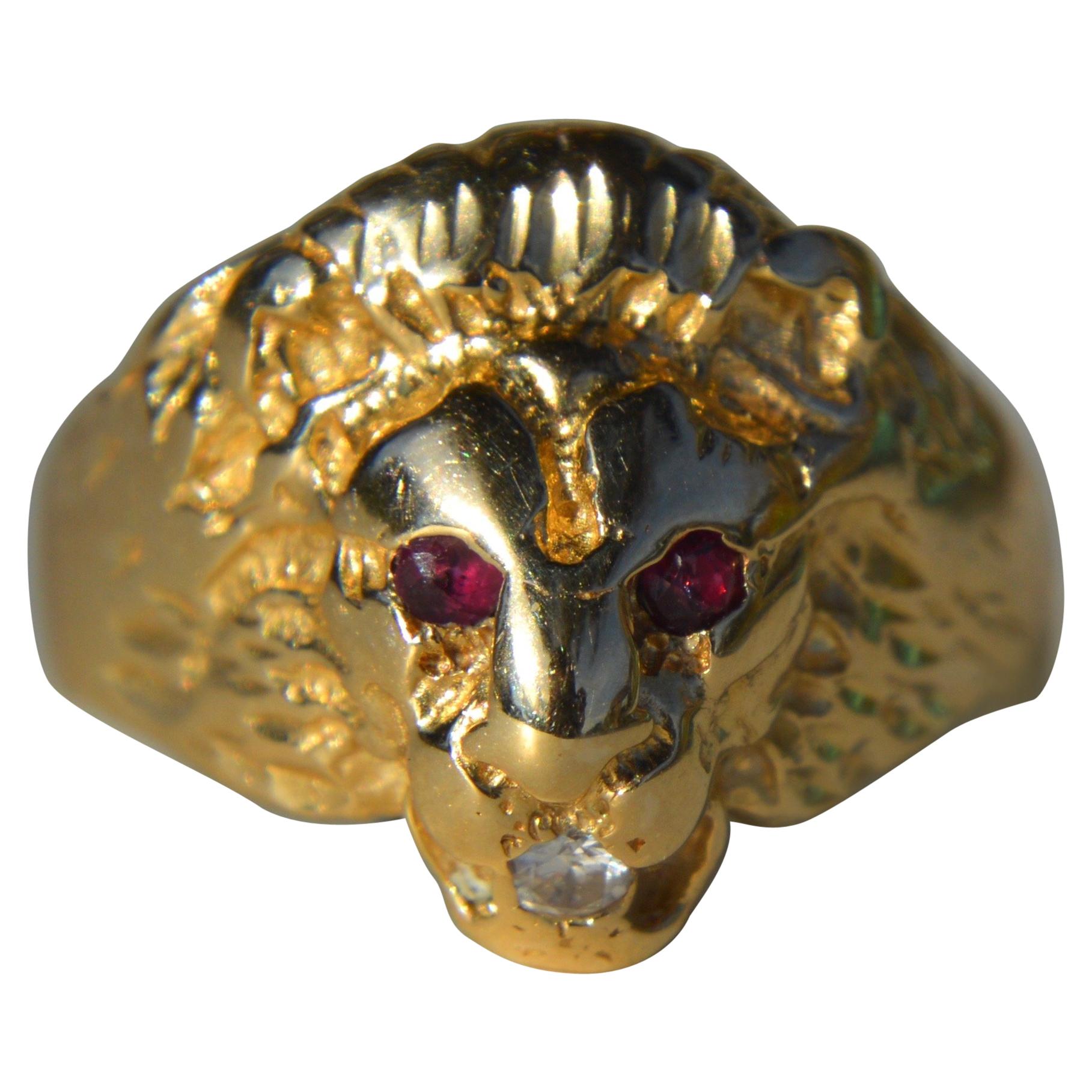 Vintage Diamond Ruby Lion Head 14 Karat Gold Cocktail Ring