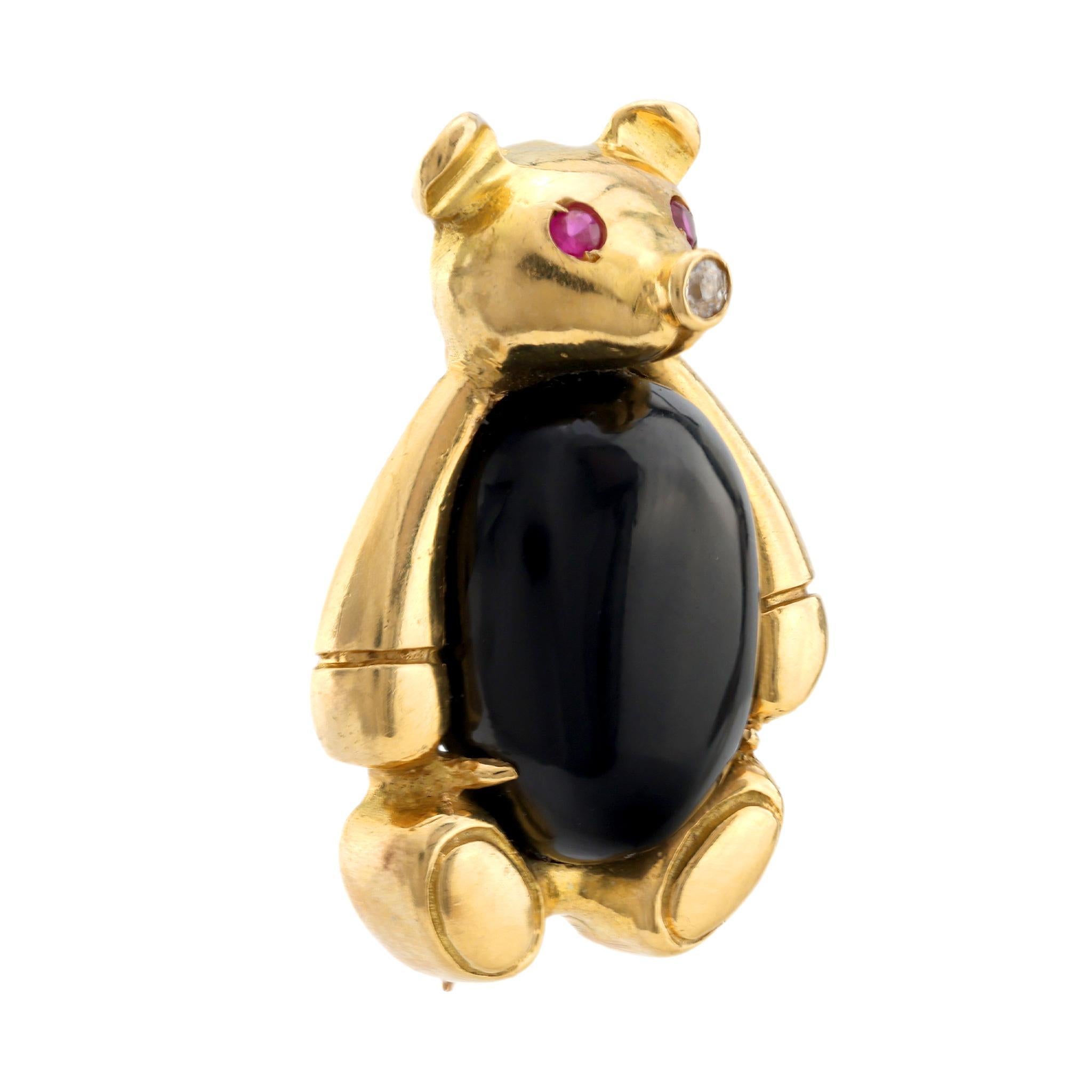 Old Mine Cut Vintage diamond ruby onyx 18k yellow gold Teddy bear brooch For Sale