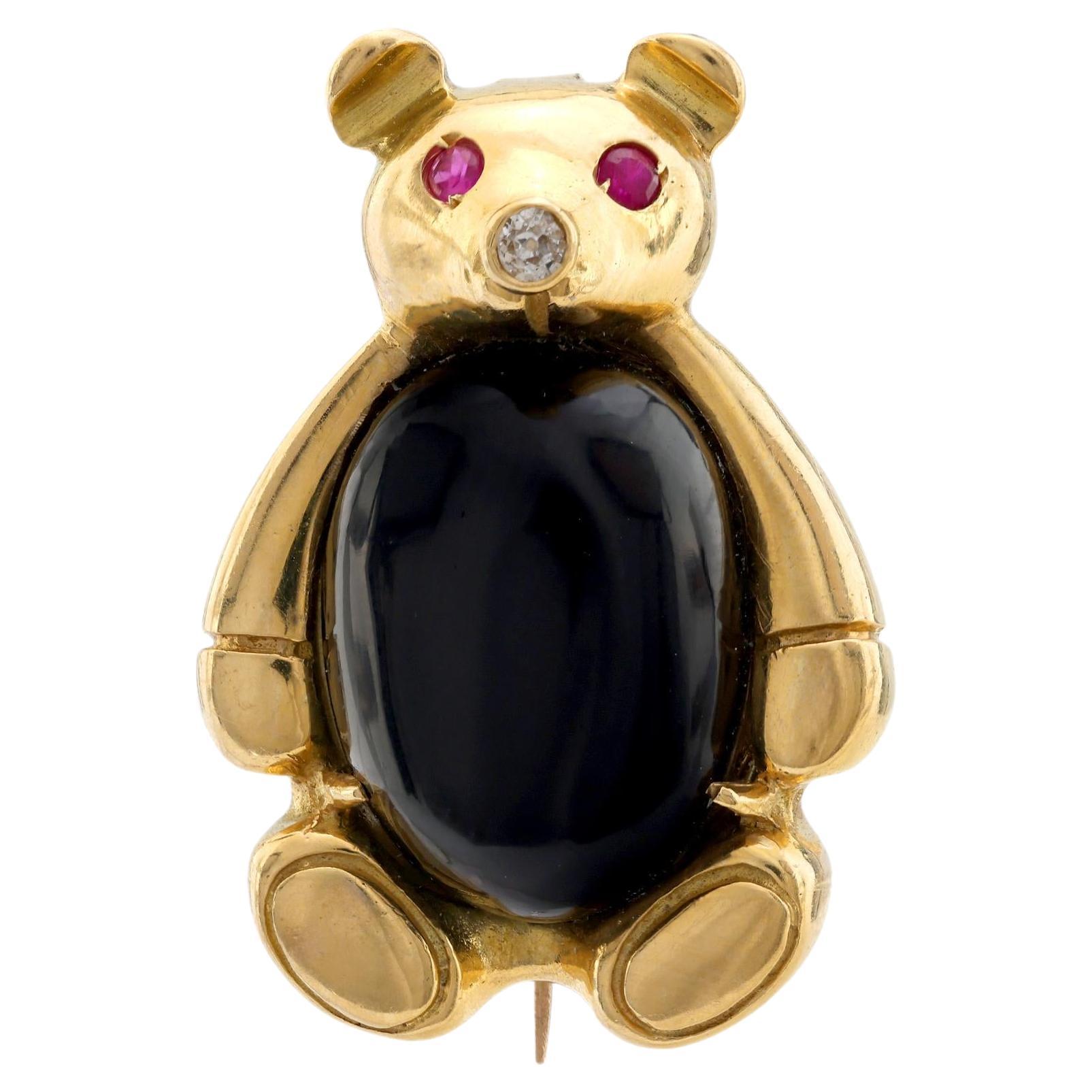 Vintage diamond ruby onyx 18k yellow gold Teddy bear brooch For Sale