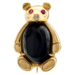 Vintage diamond ruby onyx 18k yellow gold Teddy bear brooch
