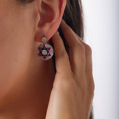 Vintage diamond ruby onyx platinum earrings