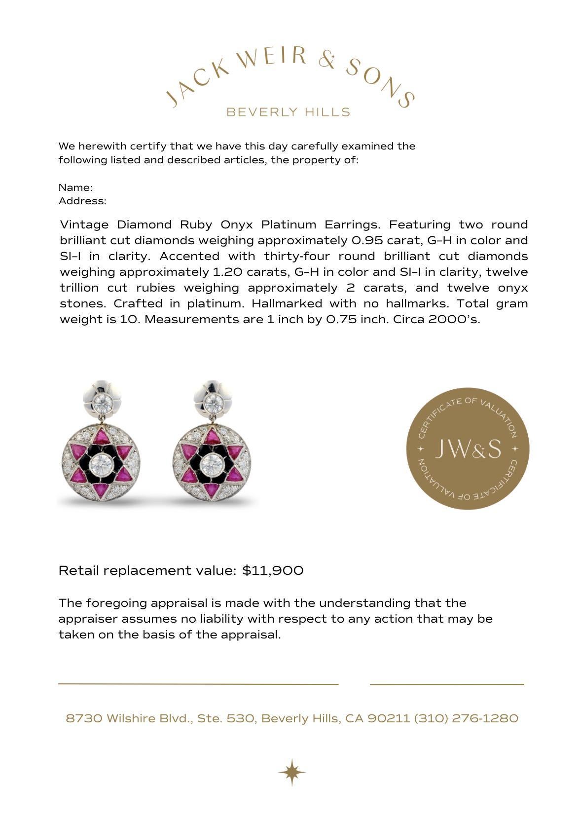 Vintage Diamant-Rubin-Onyx-Ohrringe aus Platin im Angebot 1