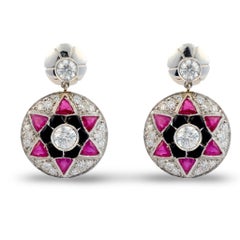 Vintage diamond ruby onyx platinum earrings
