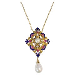 Vintage Diamond Ruby Pendant with Pearls in Yellow Gold