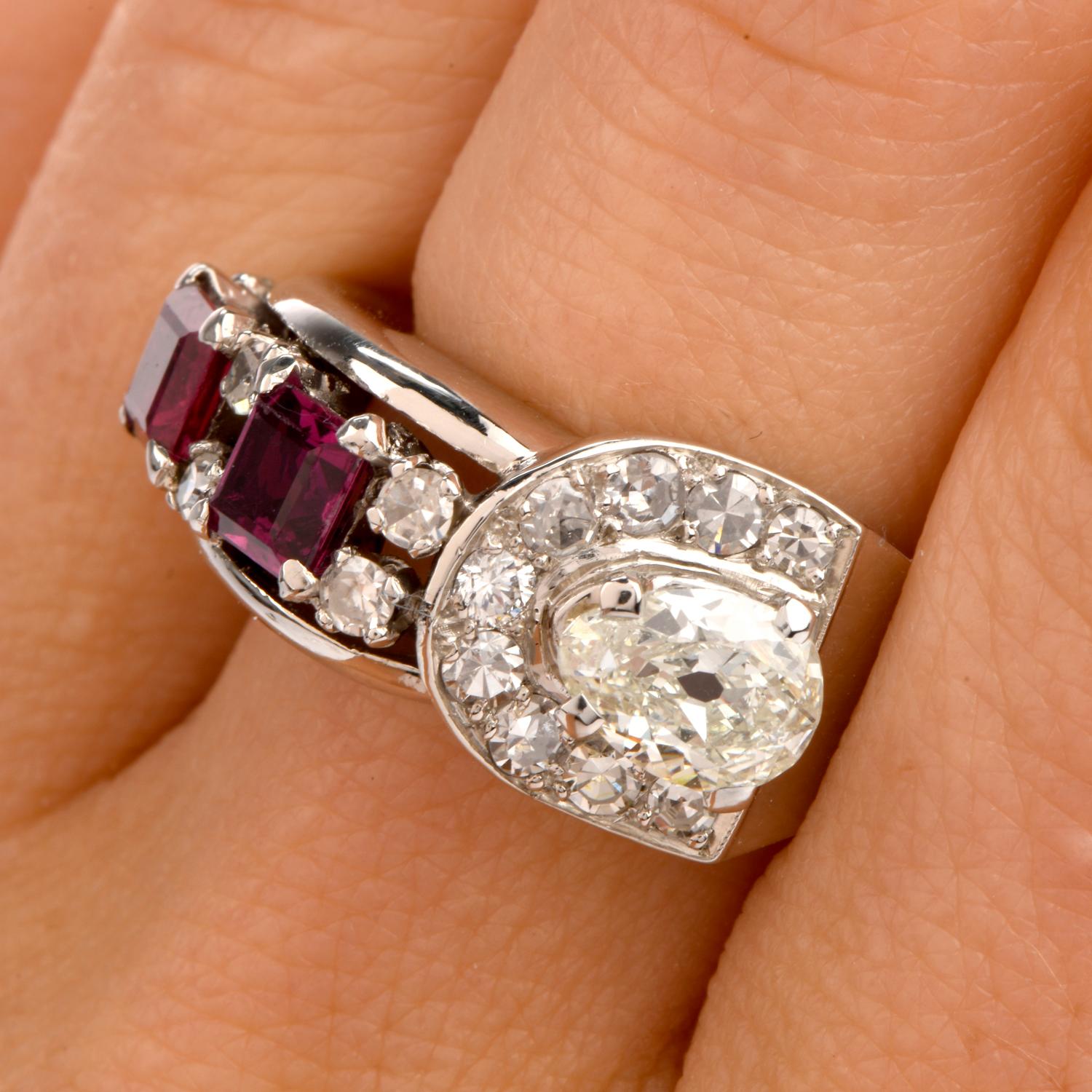 Vintage Diamond Ruby Platinum Band Cocktail Ring In Good Condition In Miami, FL