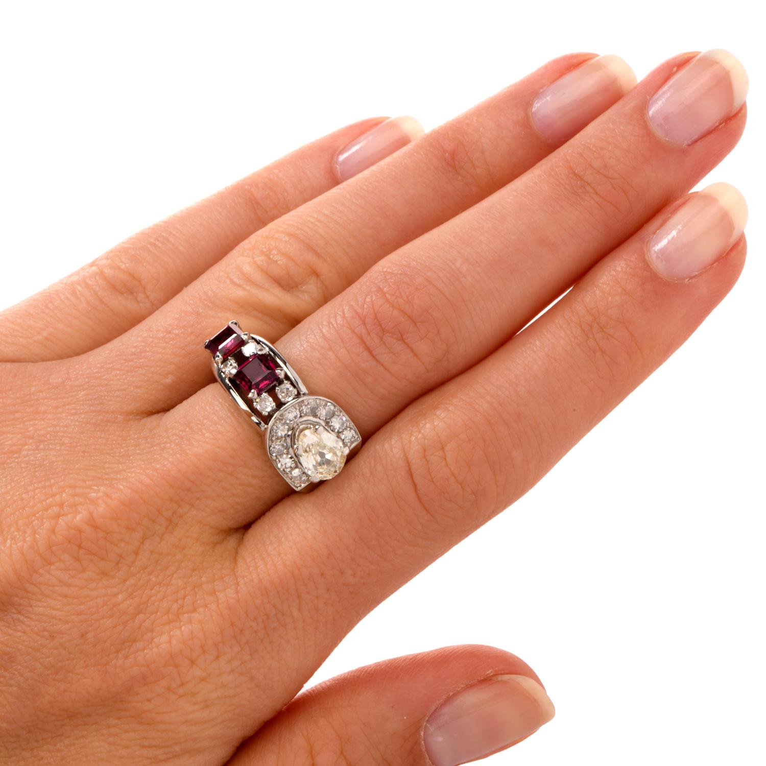 Women's or Men's Vintage Diamond Ruby Platinum Band Cocktail Ring