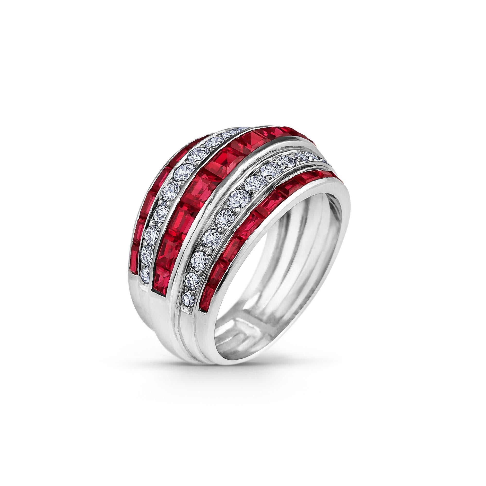 The power of red and white is 'stacked up' in this strong statement bombe ring.  With three rows of square cut luscious rubies alternating with two rows of mesmerizing diamonds, this jewel is designed to look like five separate rings stacked