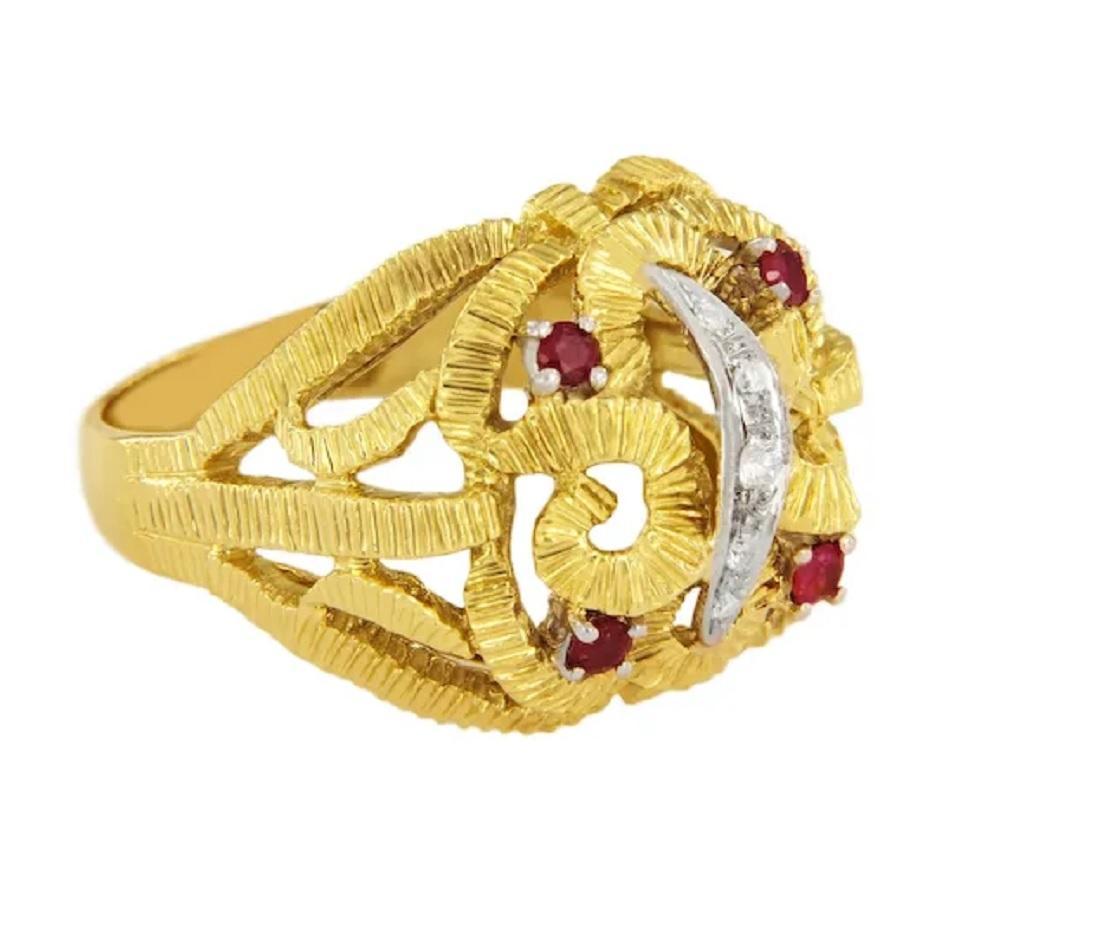 Vintage Diamant & Rubin Ring in 18k zwei Ton Gold. (Rundschliff) im Angebot